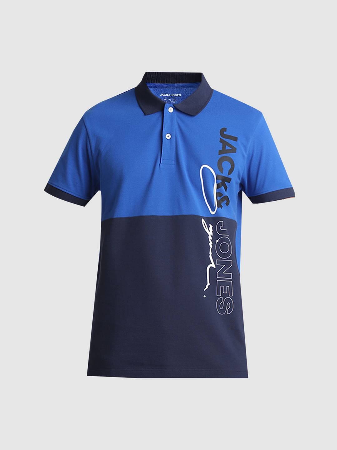 Blue Colourblocked Cotton Polo T-shirt
