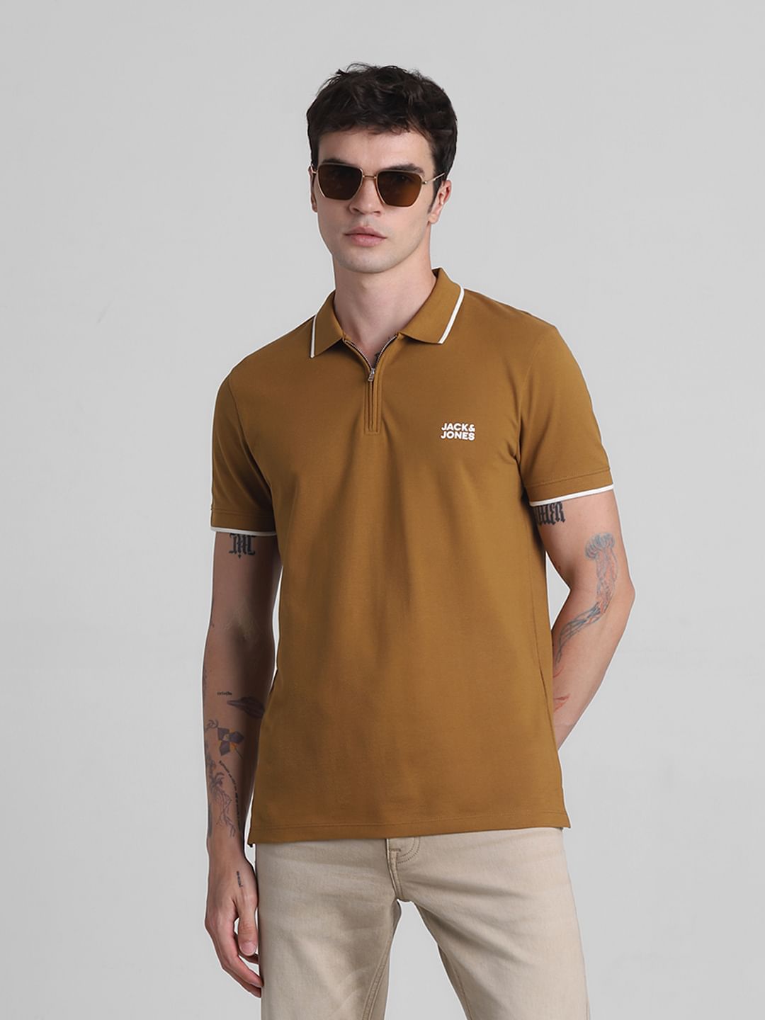 Brown Zip Detail Polo T-shirt
