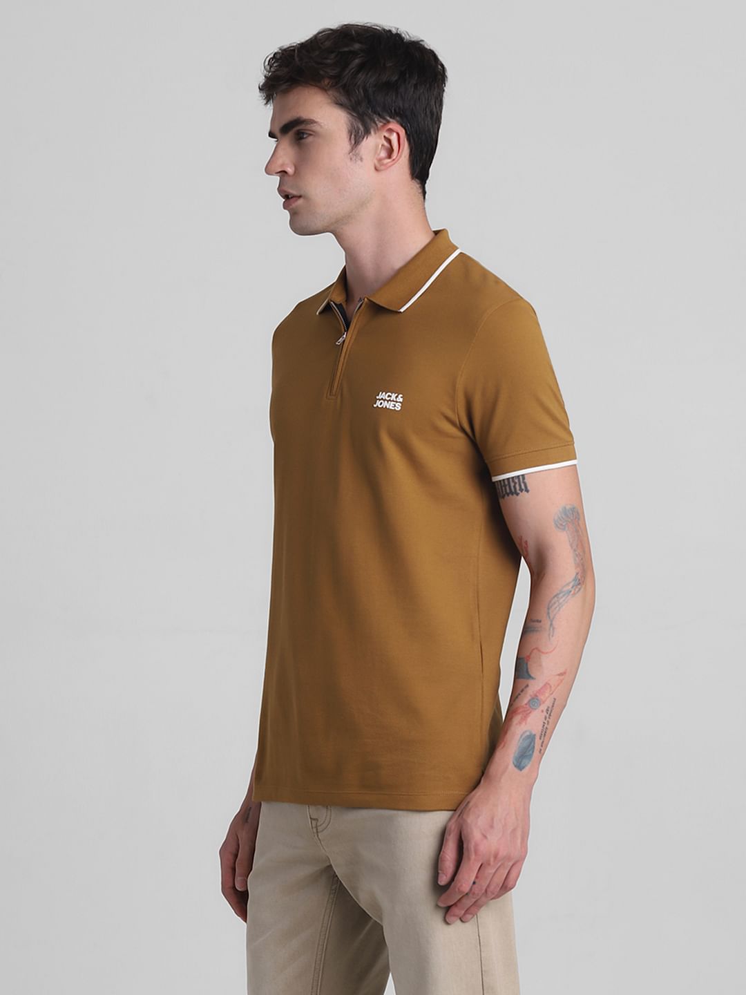 Brown Zip Detail Polo T-shirt