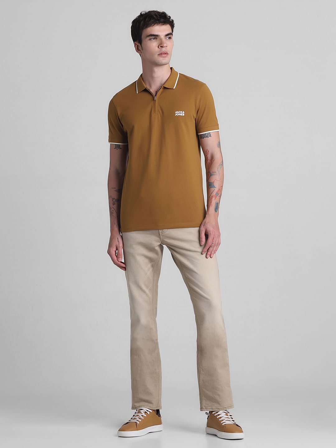 Brown Zip Detail Polo T-shirt