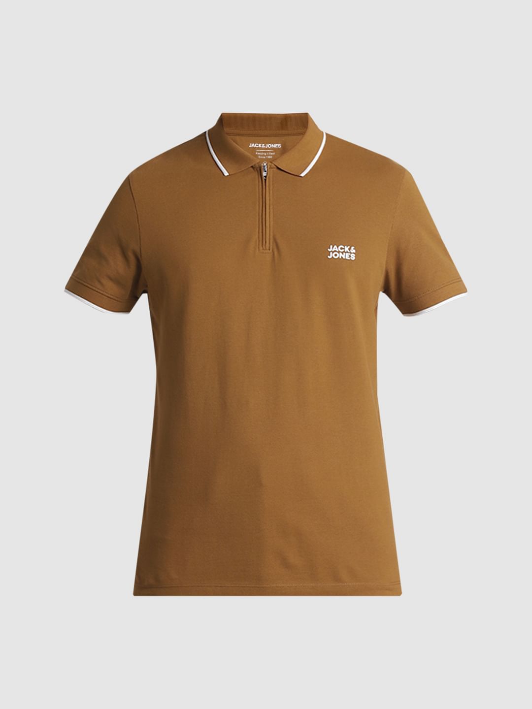 Brown Zip Detail Polo T-shirt