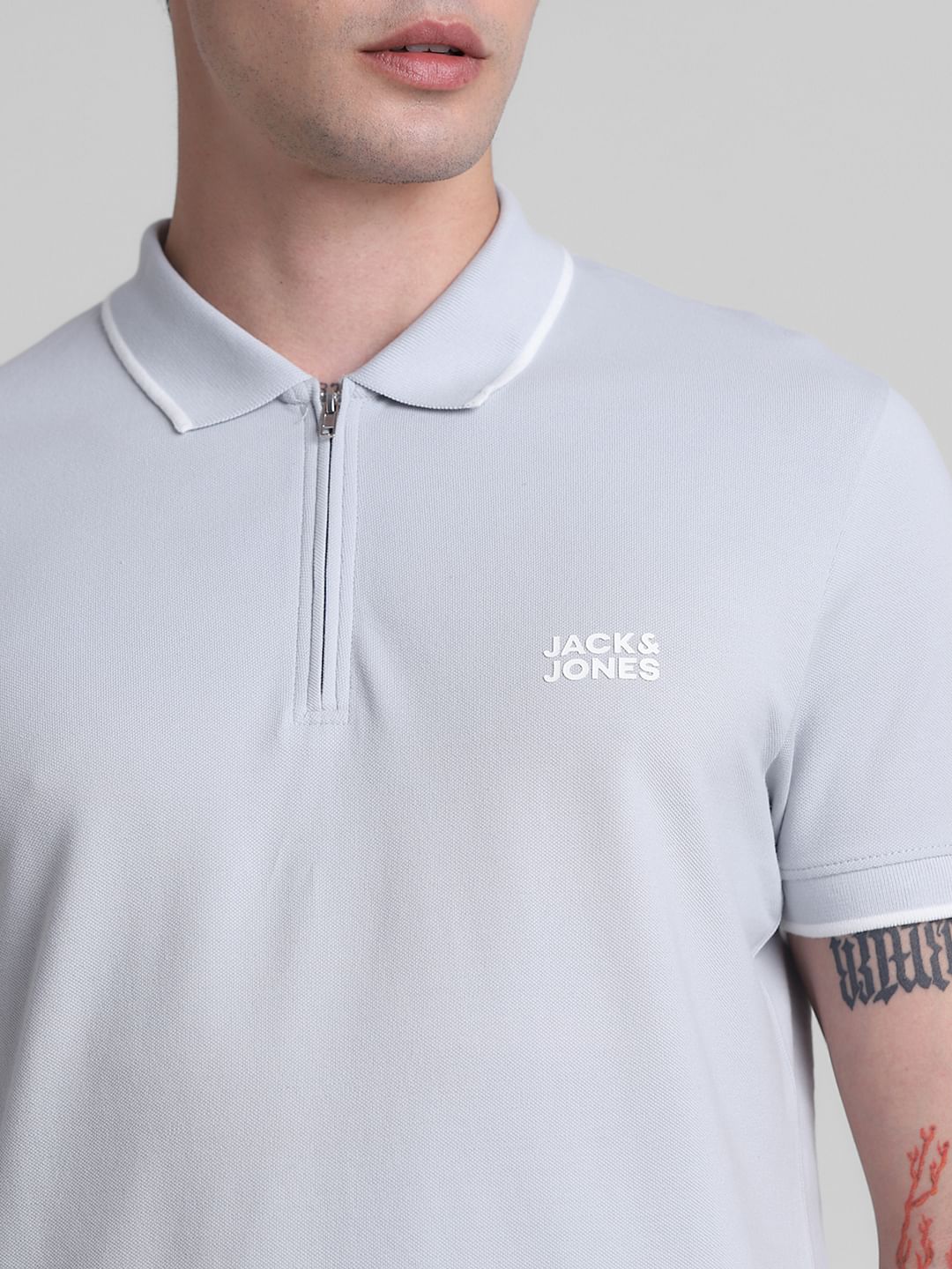 Grey Zip Detail Polo T-shirt