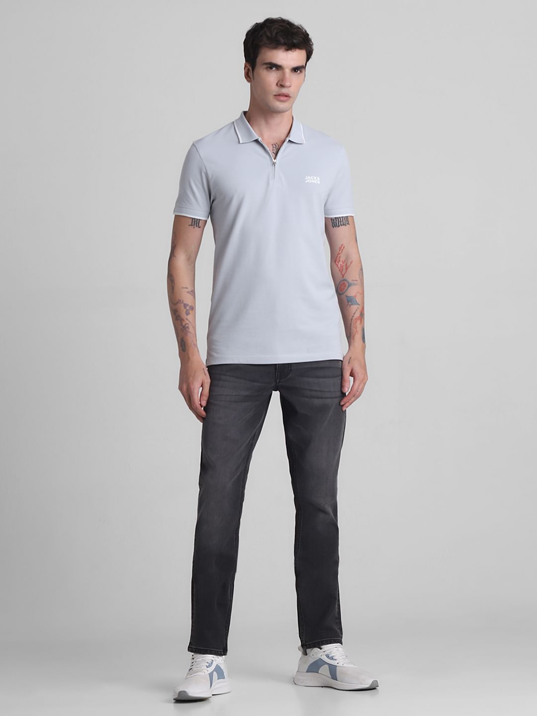 Grey Zip Detail Polo T-shirt