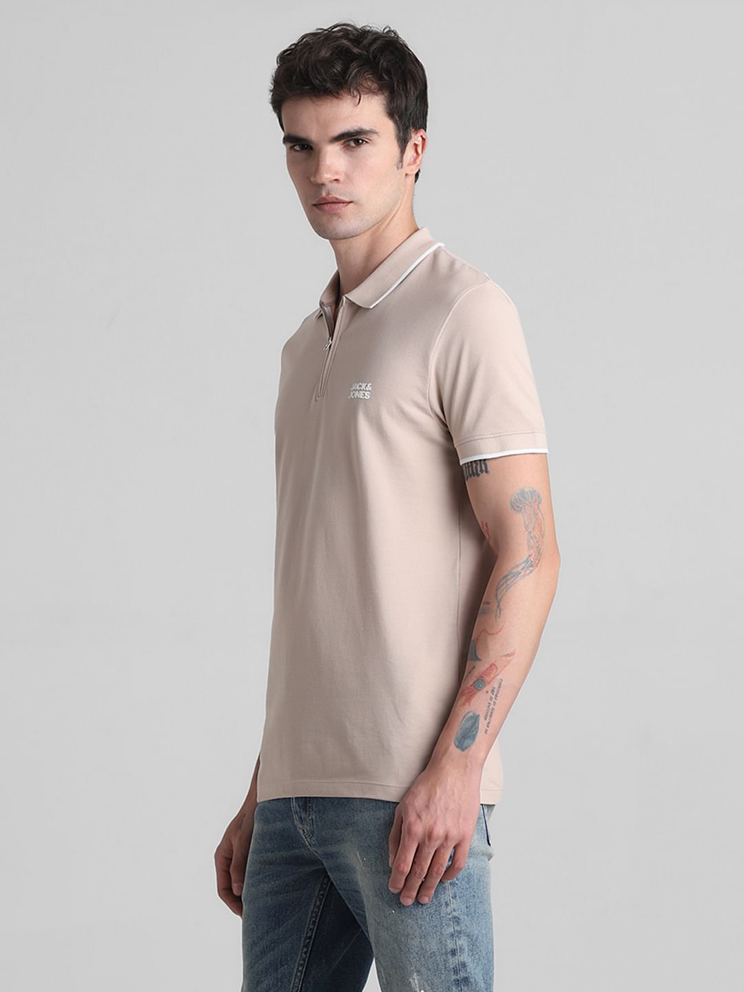 Light Brown Zip Detail Polo T-shirt