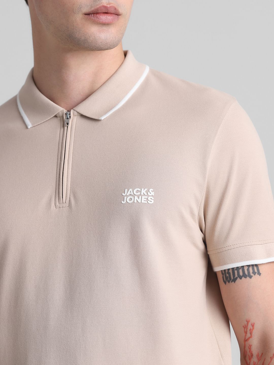 Light Brown Zip Detail Polo T-shirt