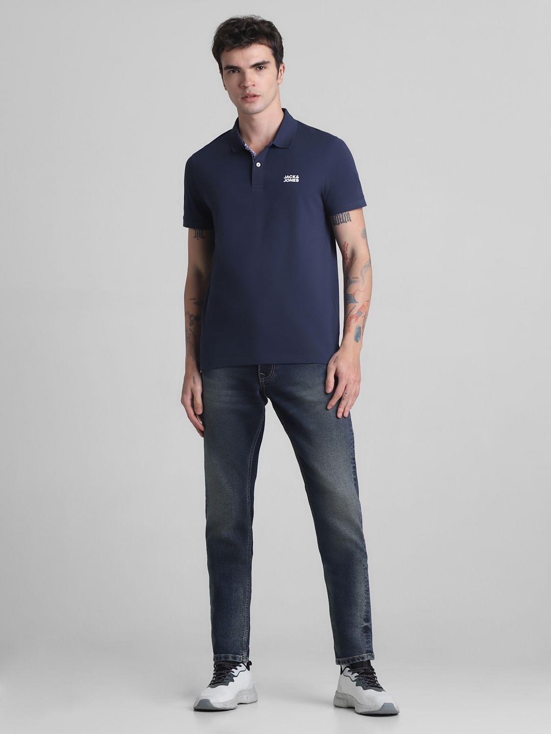 Blue Ribbed Sleeves Polo T-Shirt