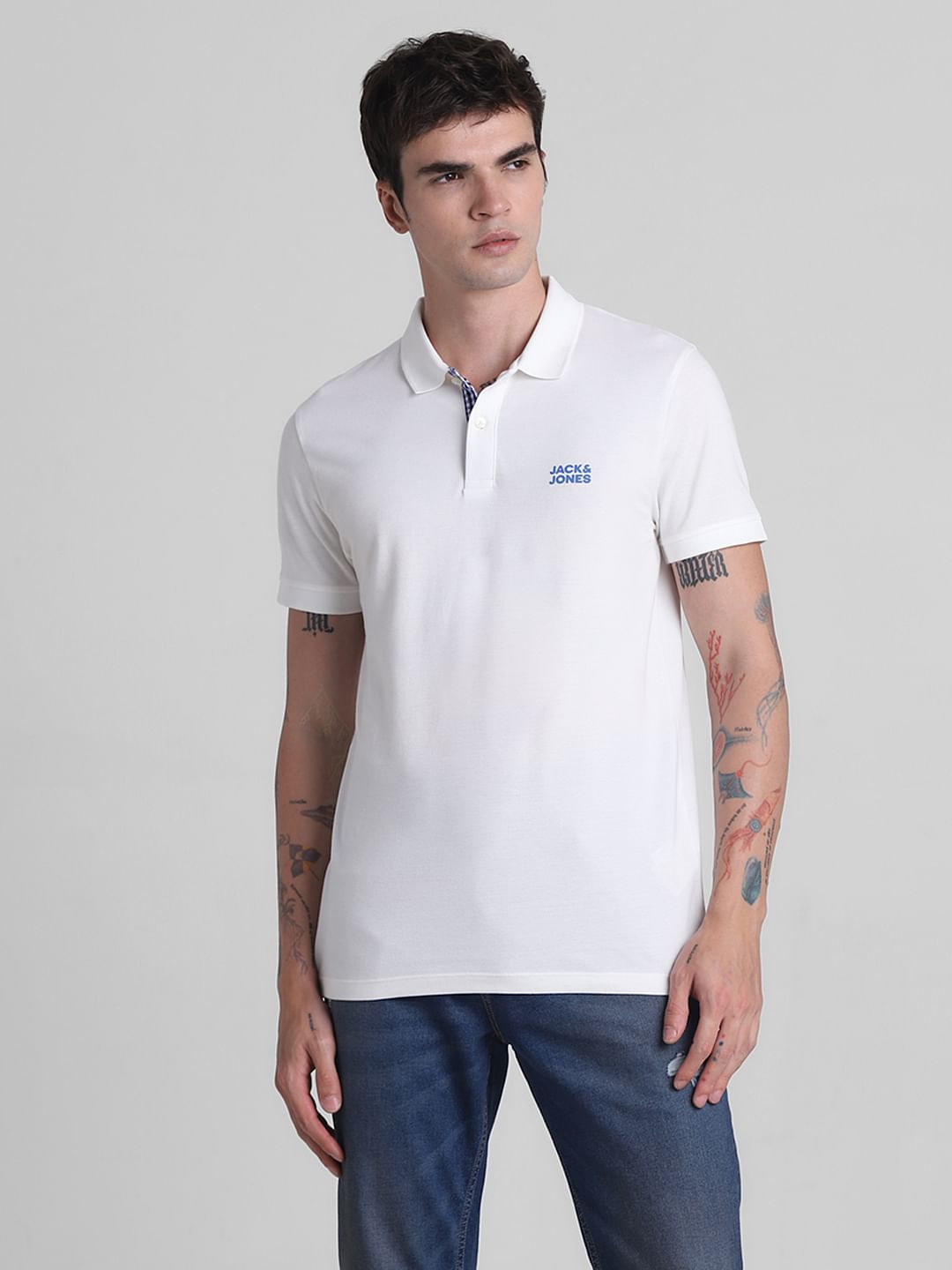 White Check Placket Polo T-shirt