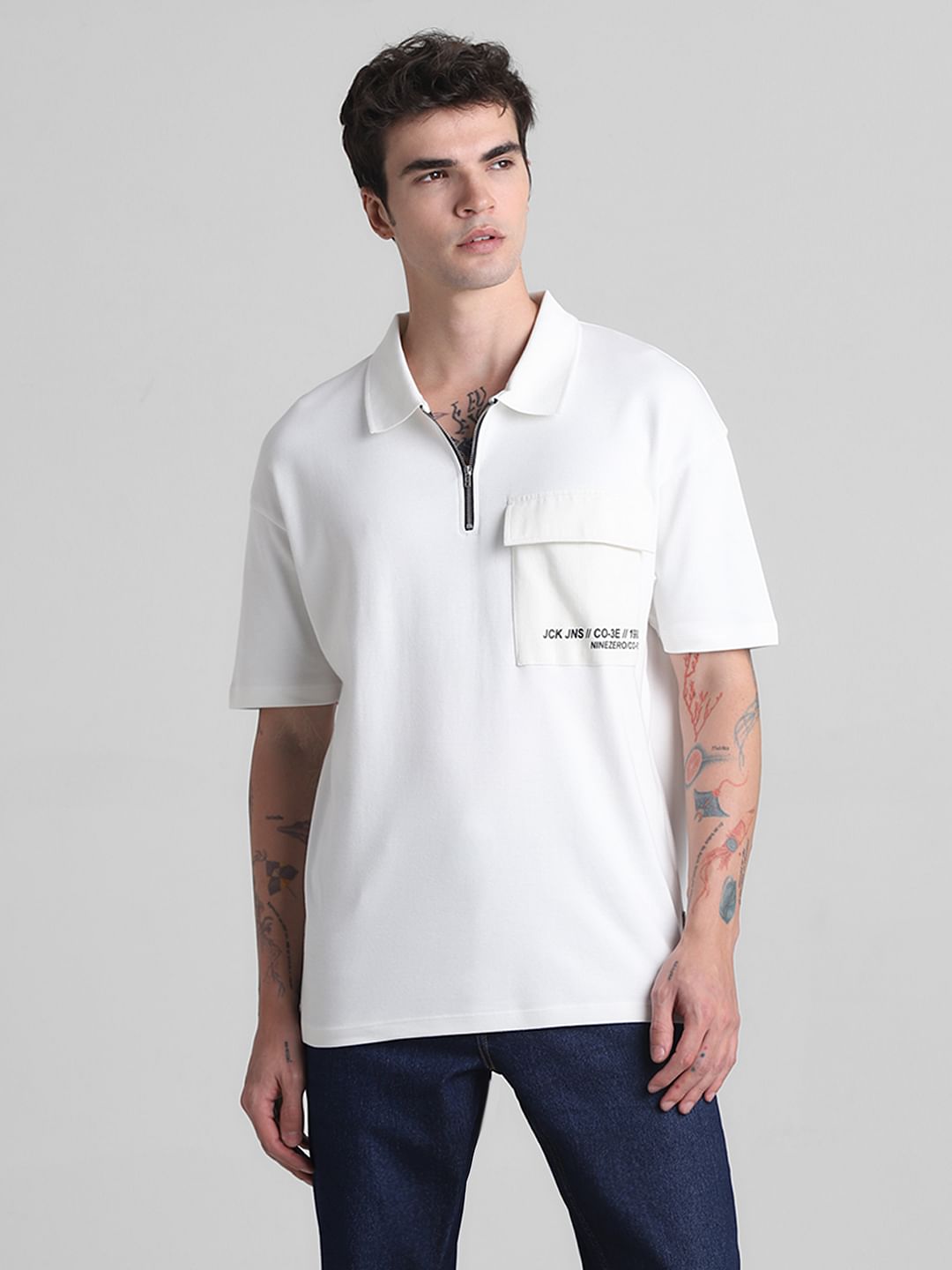 White Zip-Up Oversized Polo T-shirt