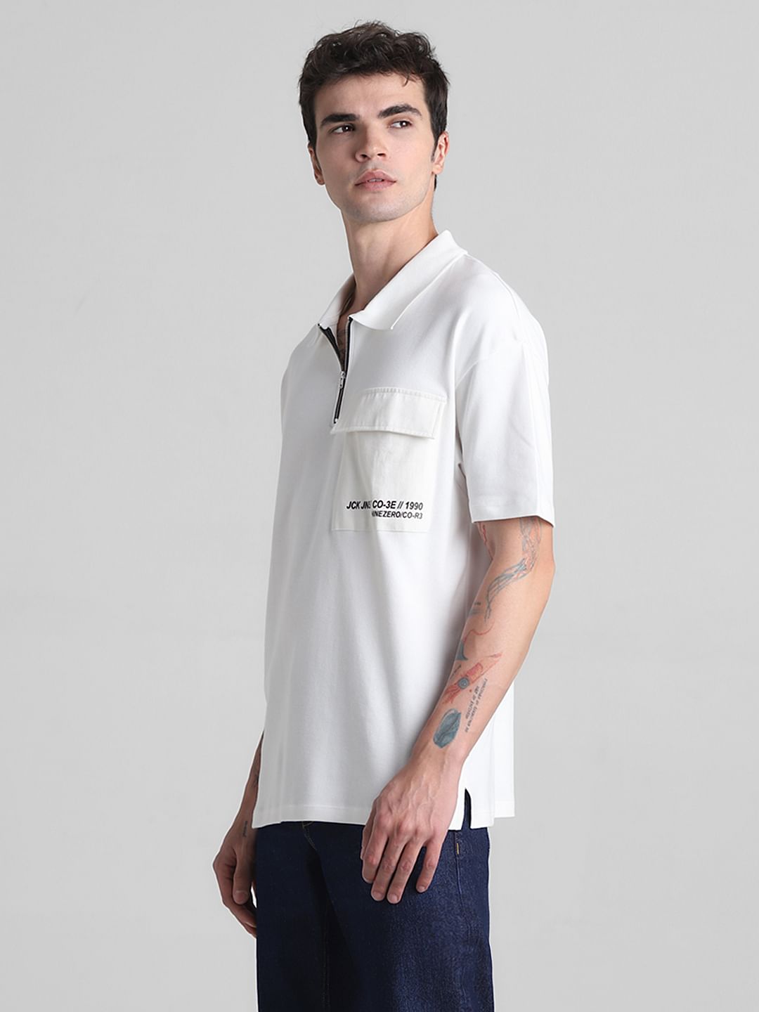 White Zip-Up Oversized Polo T-shirt