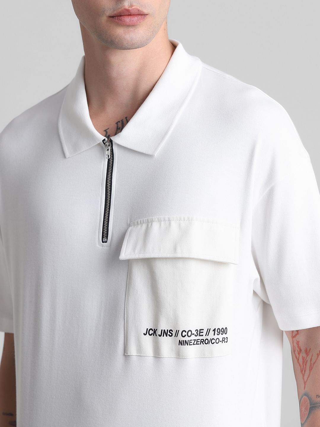 White Zip-Up Oversized Polo T-shirt