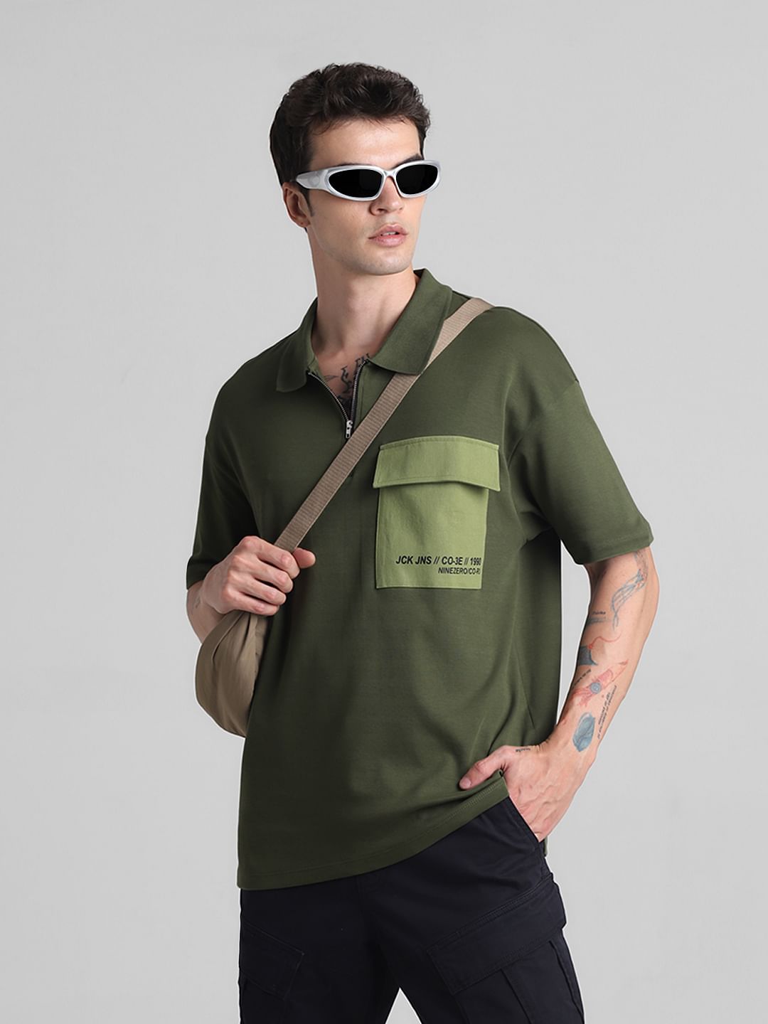 Green Zip-Up Oversized Polo T-shirt