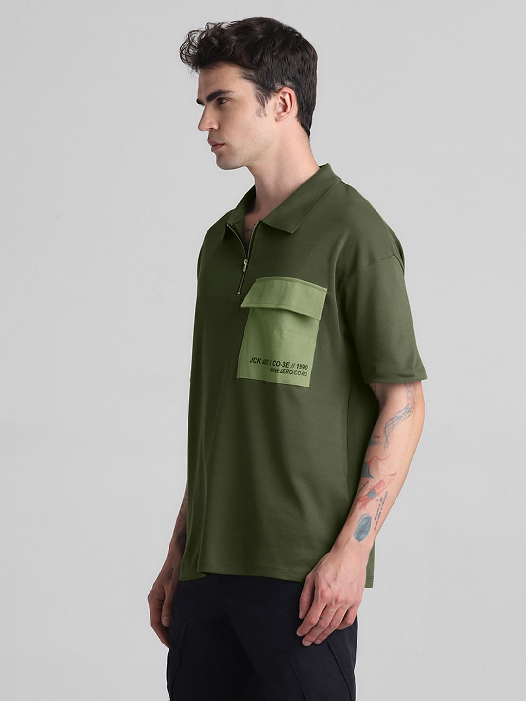 Green Zip-Up Oversized Polo T-shirt