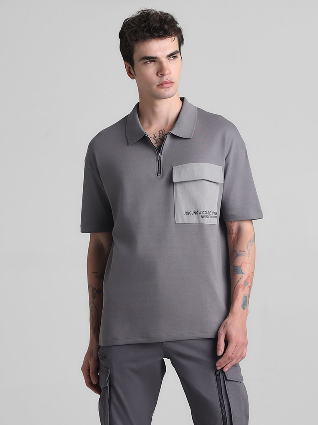 Grey Zip-Up Oversized Polo T-shirt