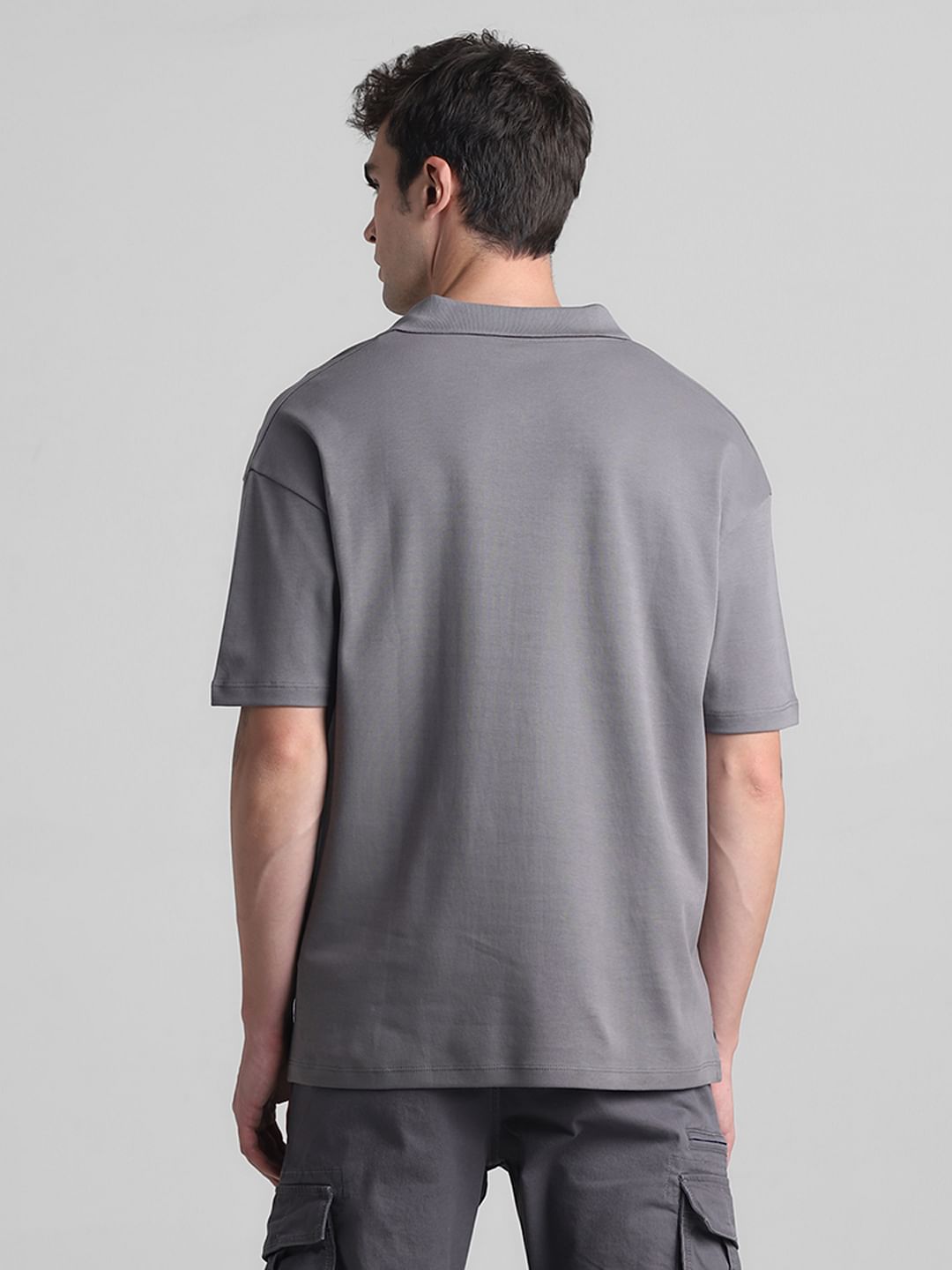 Grey Zip-Up Oversized Polo T-shirt