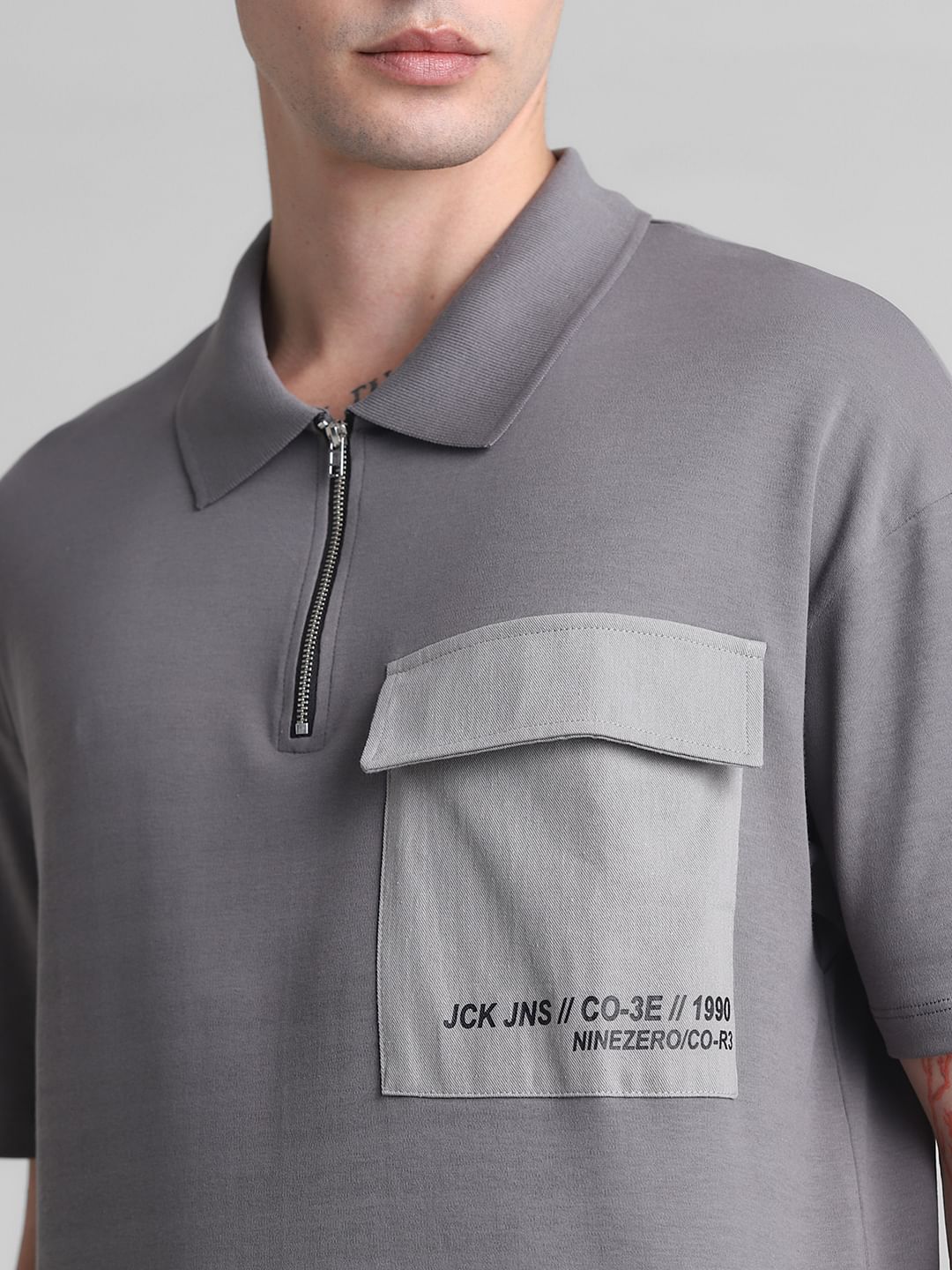 Grey Zip-Up Oversized Polo T-shirt