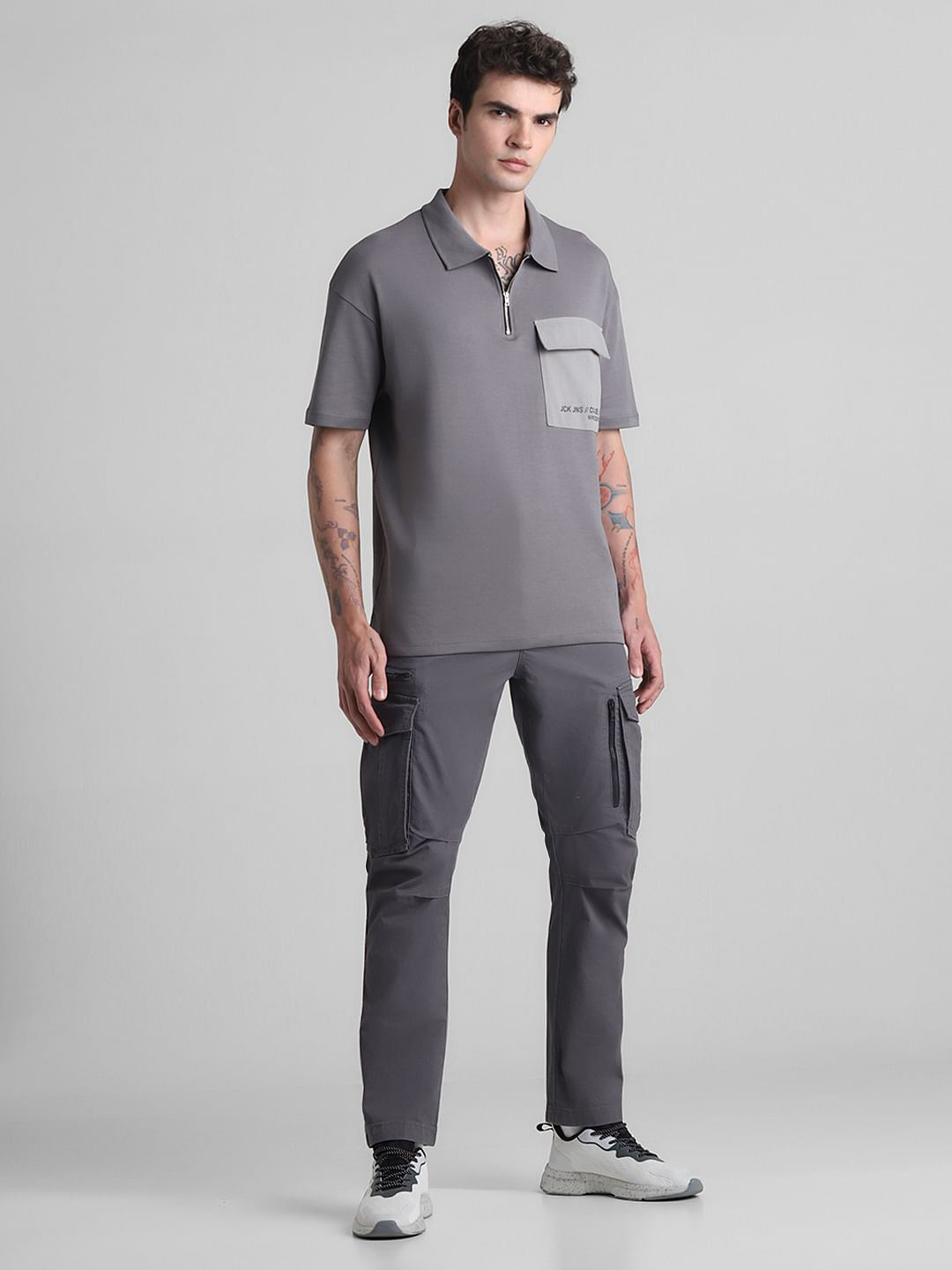 Grey Zip-Up Oversized Polo T-shirt