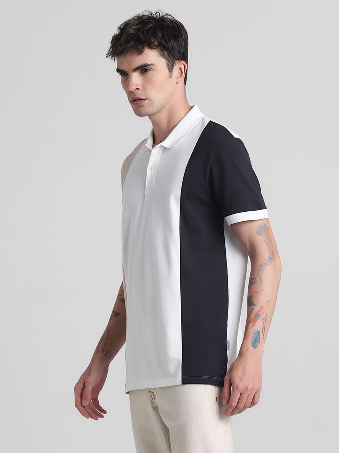 Beige Colourblocked Cotton Polo T-shirt