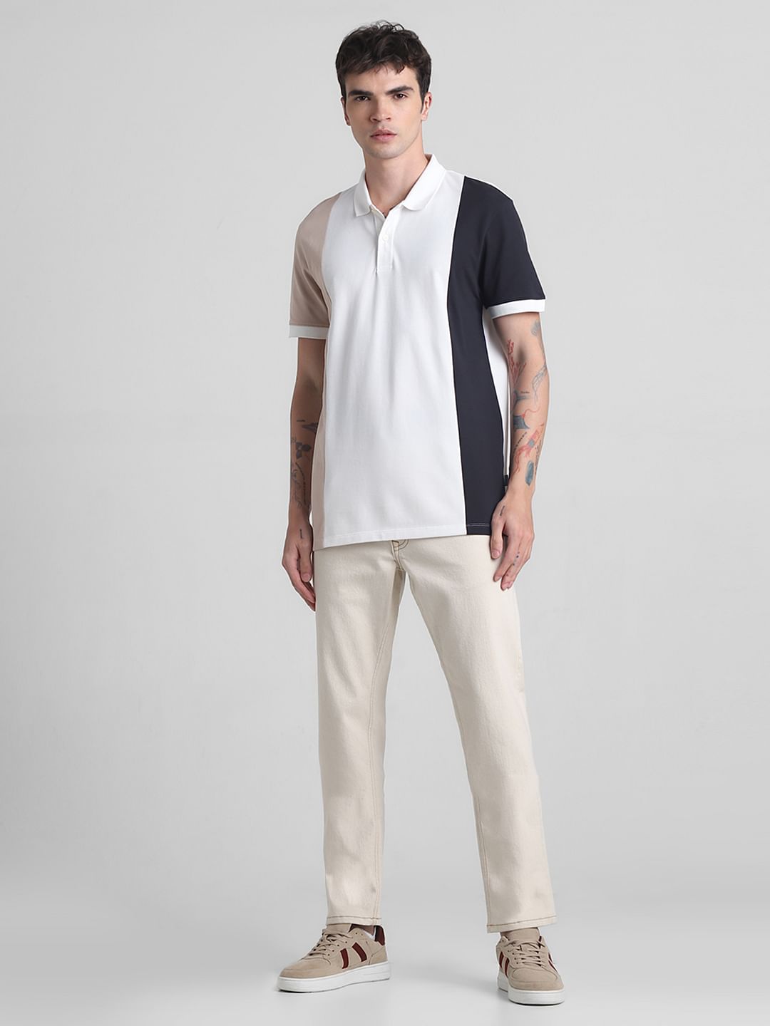 Beige Colourblocked Cotton Polo T-shirt