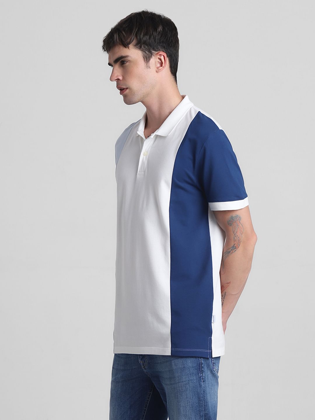 Blue Colourblocked Cotton Polo T-shirt