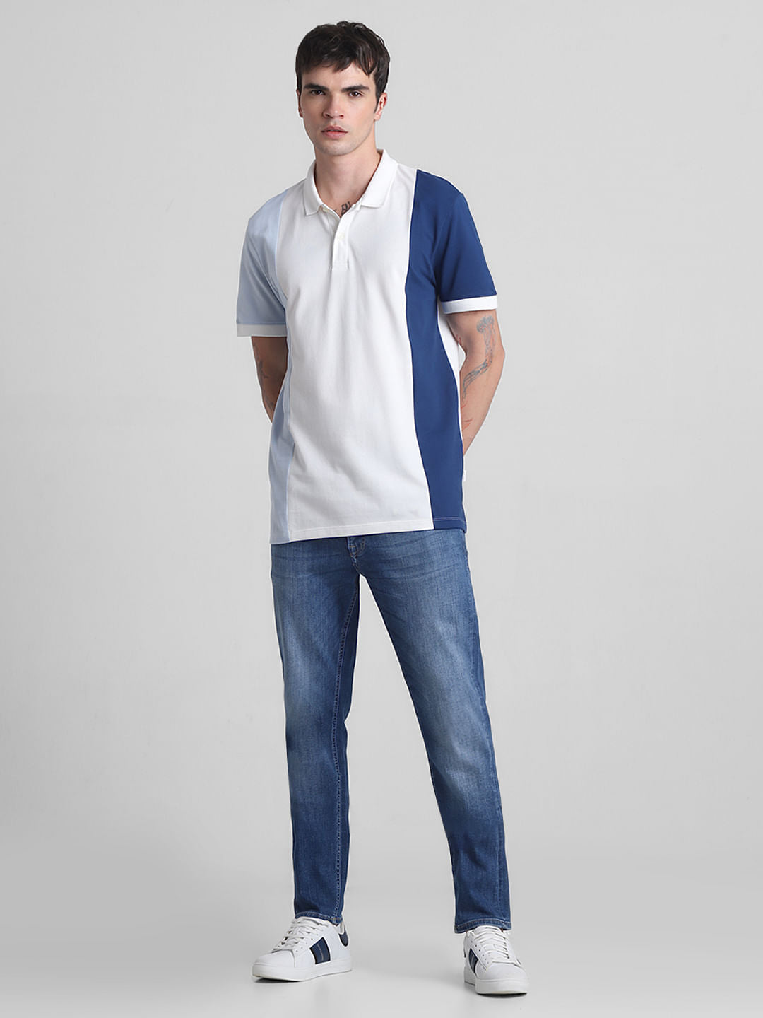 Blue Colourblocked Cotton Polo T-shirt