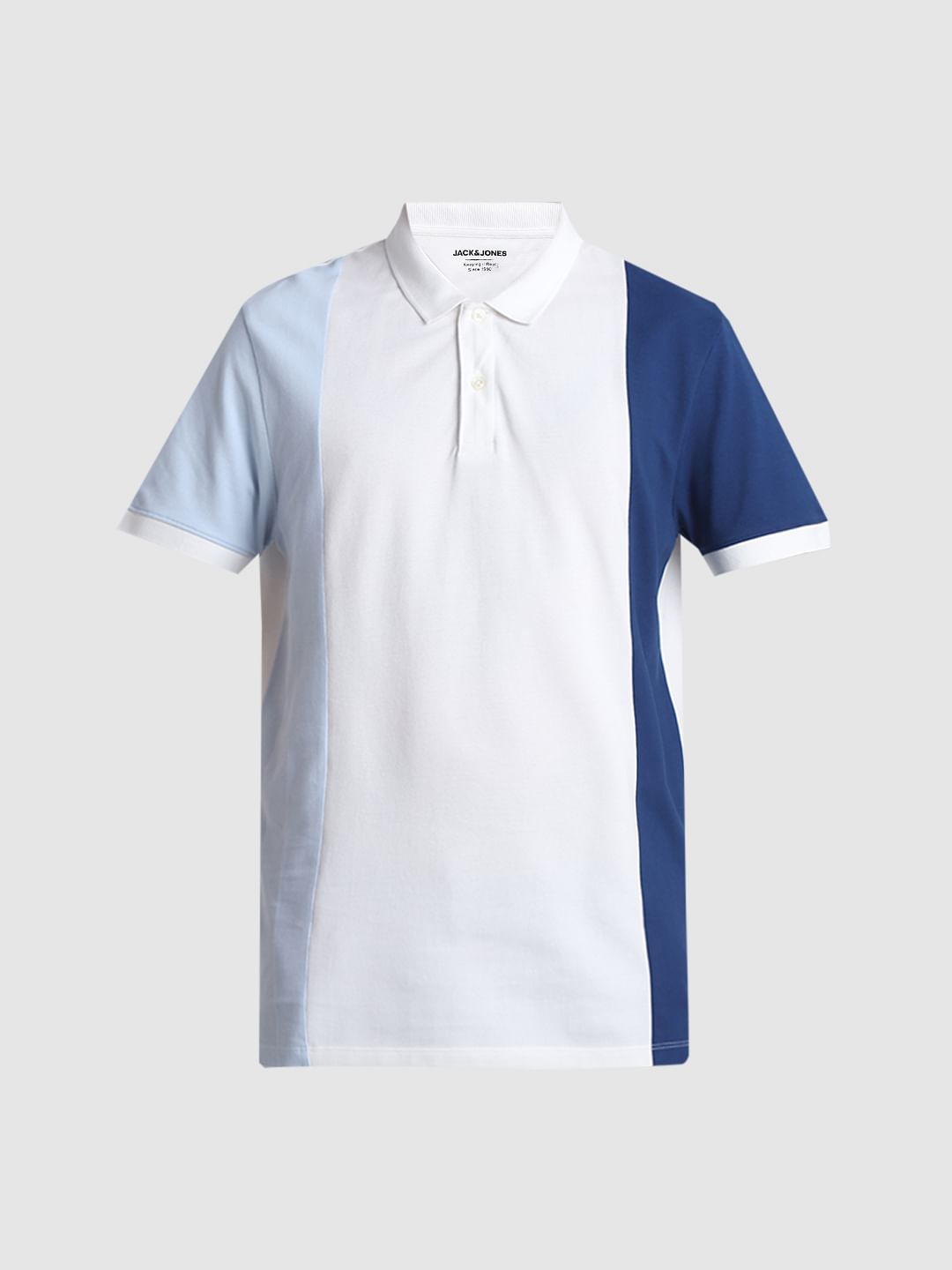 Blue Colourblocked Cotton Polo T-shirt
