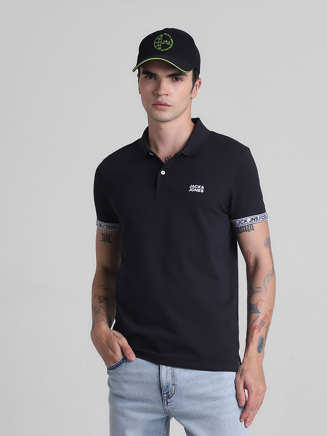 Black Logo Tape Print Polo T-shirt