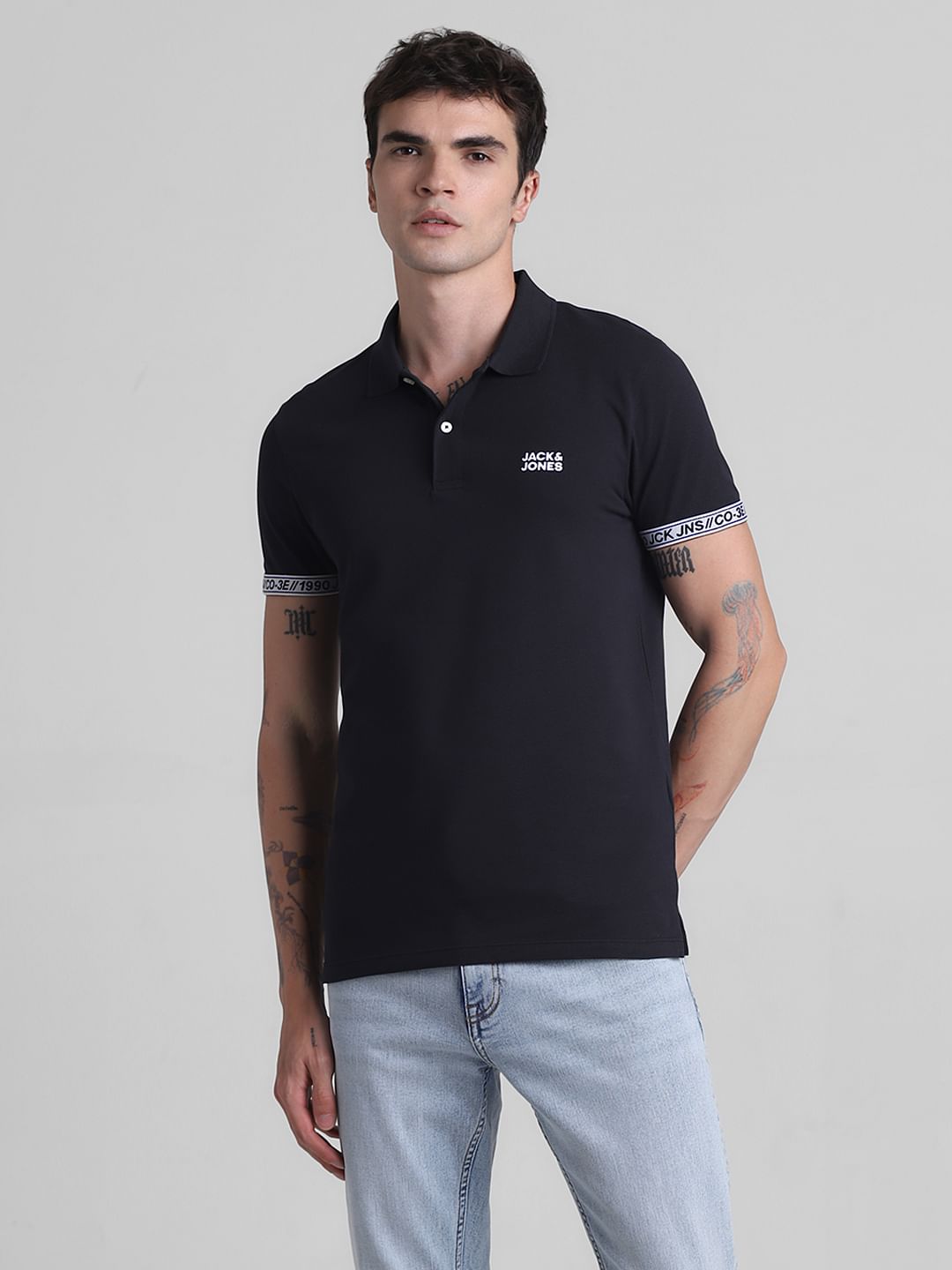 Black Logo Tape Print Polo T-shirt