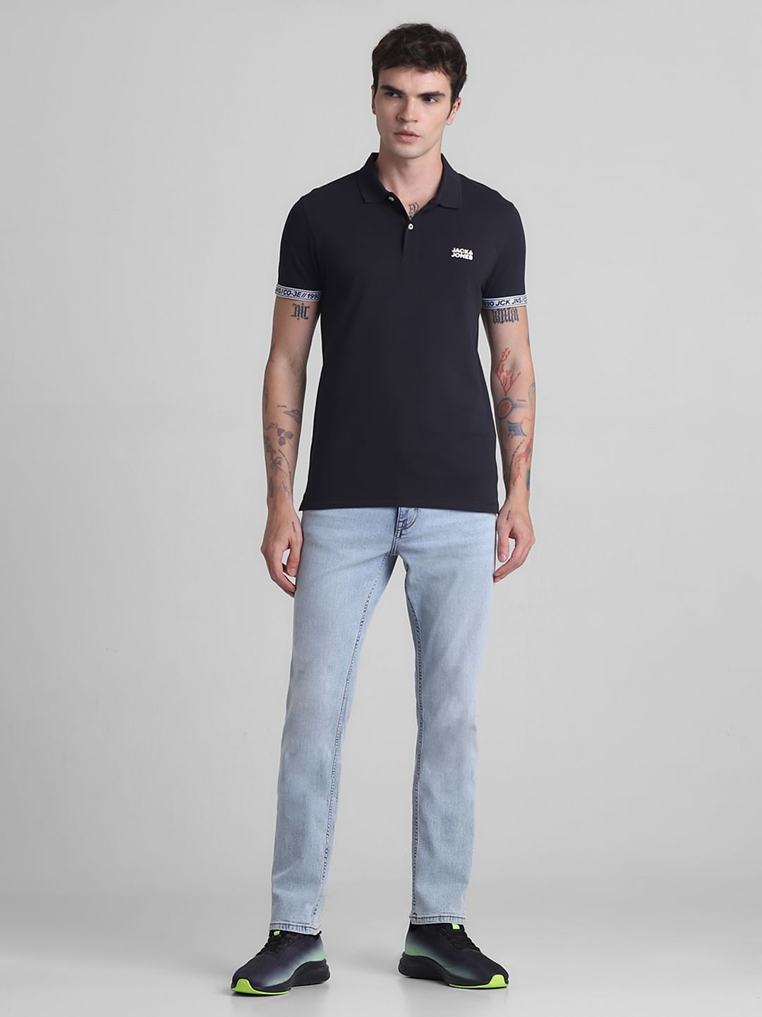 Black Logo Tape Print Polo T-shirt