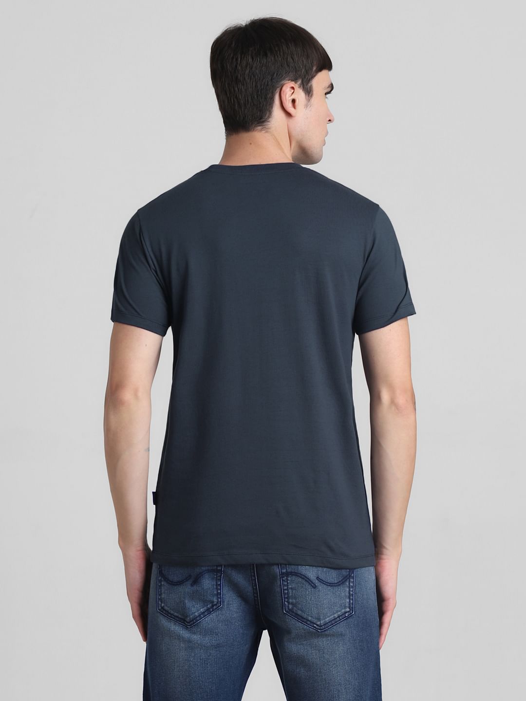 Dark Blue Logo Print Crew Neck T-shirt