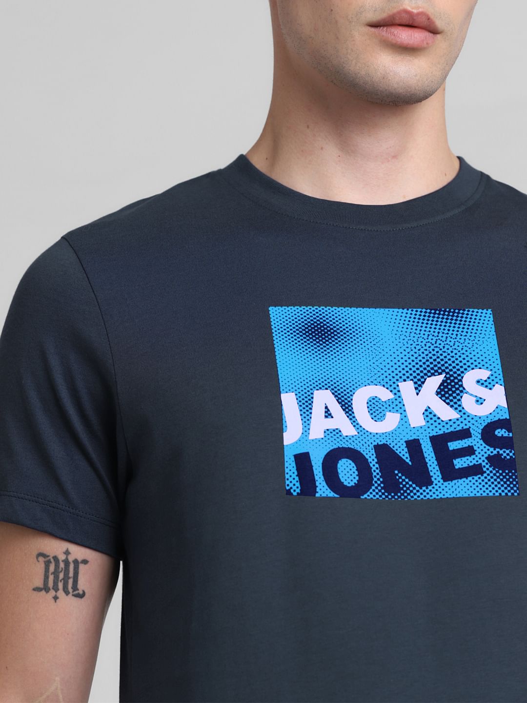 Dark Blue Logo Print Crew Neck T-shirt