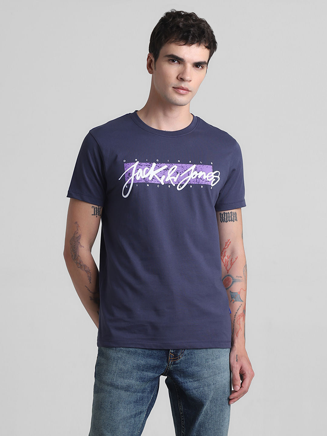 Blue Logo Print Crew Neck T-shirt