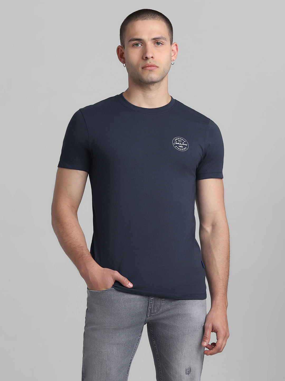 Dark Blue Cotton Crew Neck T-shirt