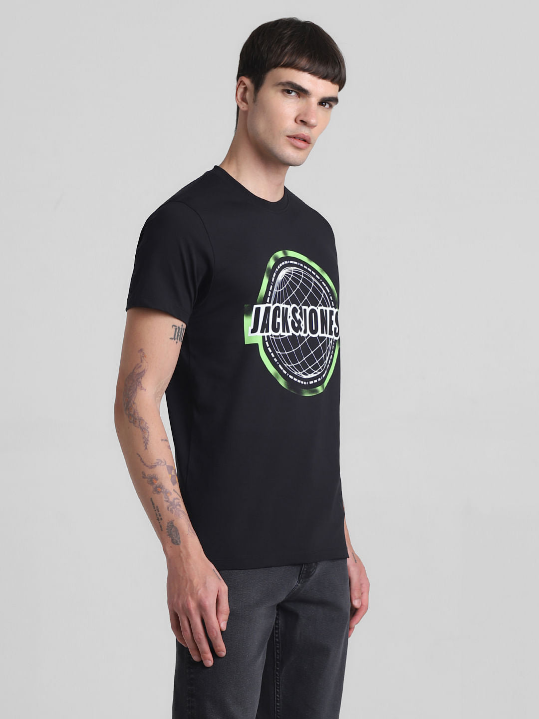 Black Globe Logo Print Crew Neck T-shirt