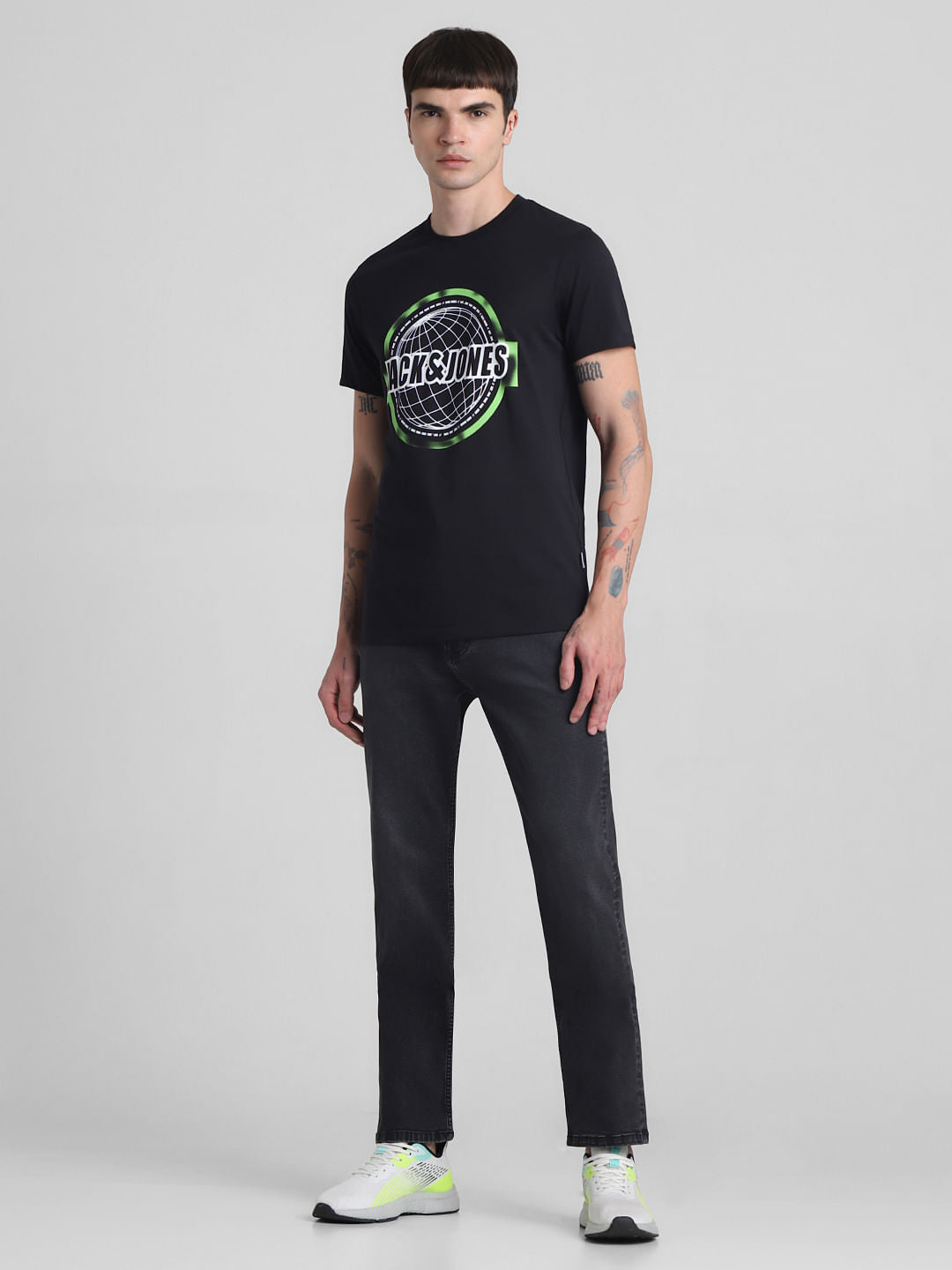 Black Globe Logo Print Crew Neck T-shirt
