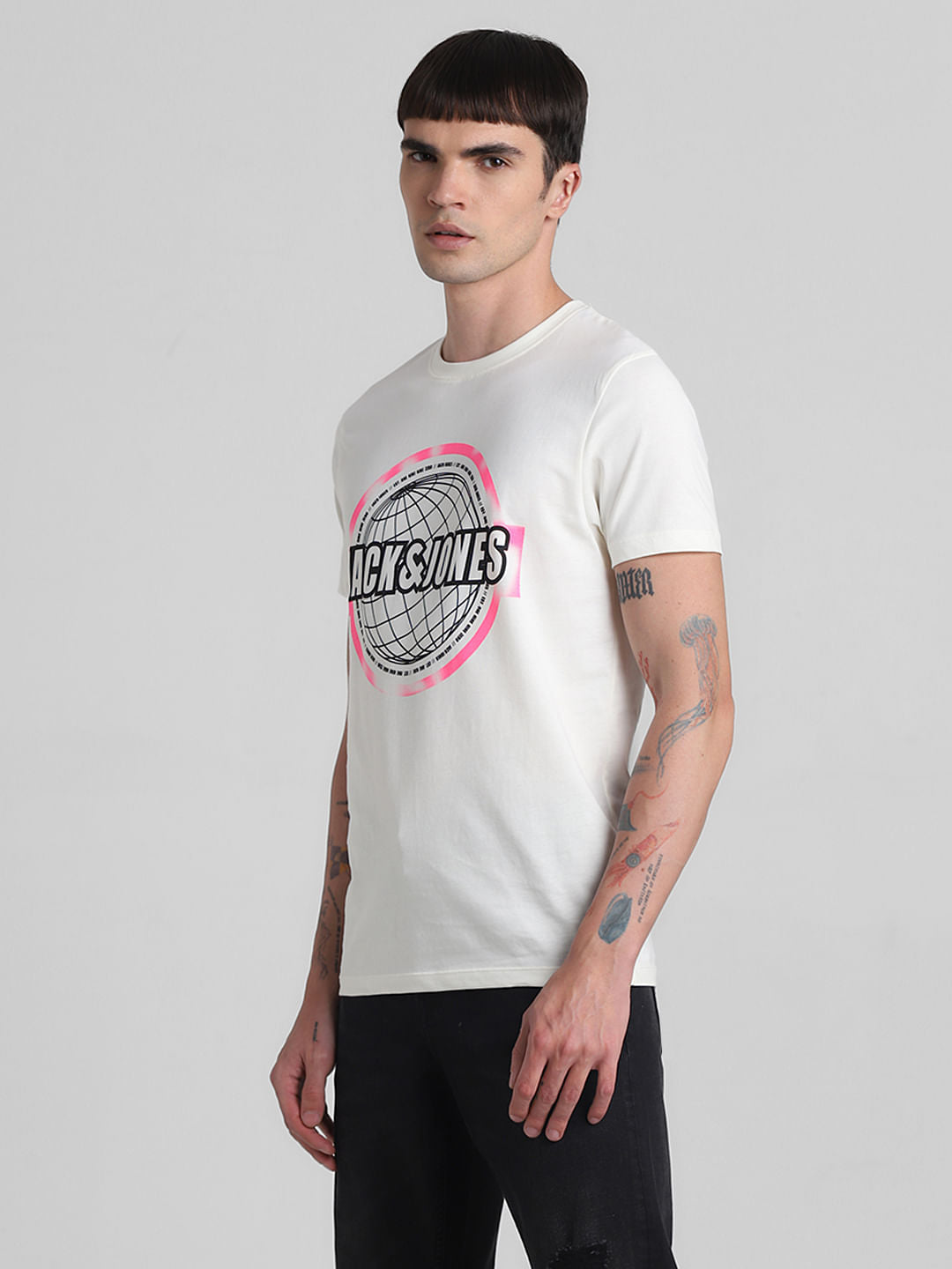 White Globe Logo Print Crew Neck T-shirt