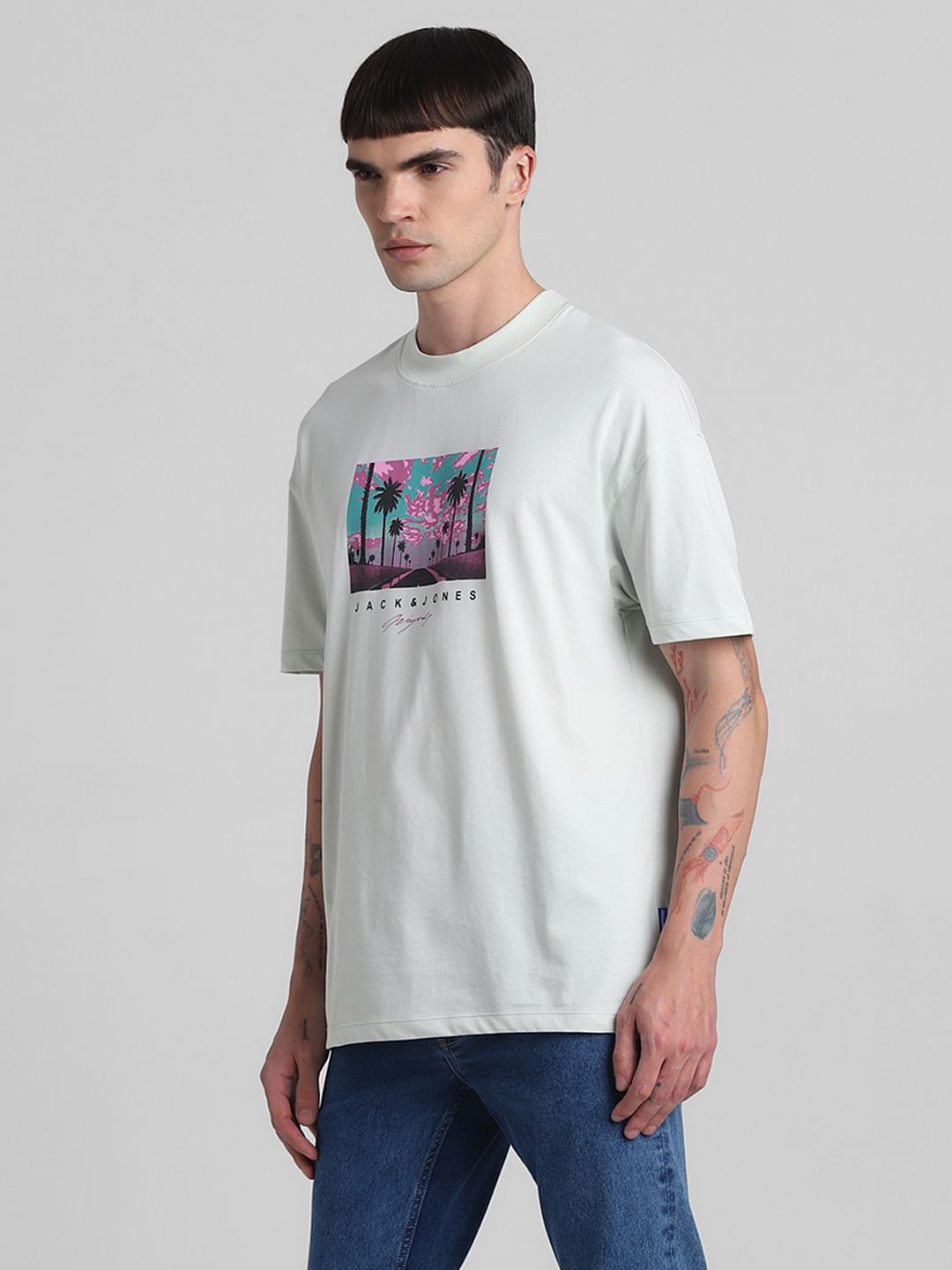 Pale Blue Graphic Print Oversized T-shirt