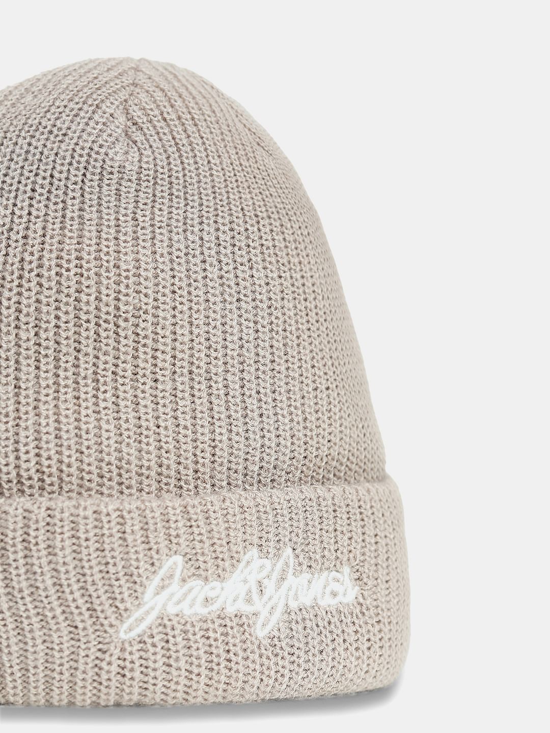 Beige Knitted Logo Print Beanie