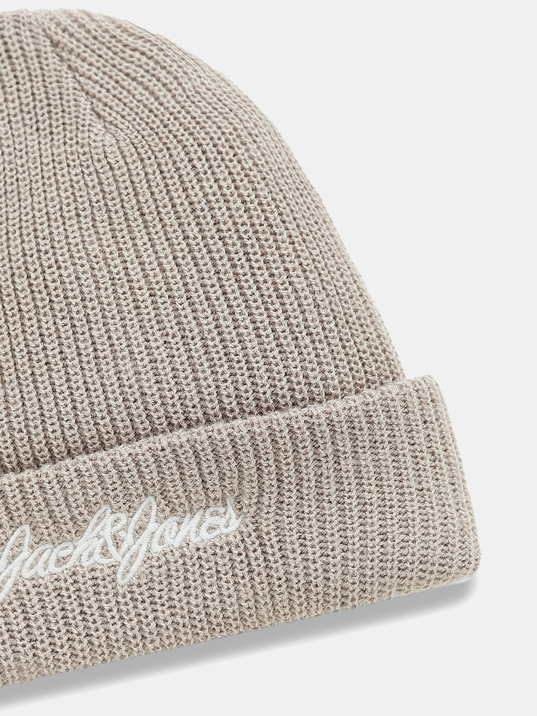 Beige Knitted Logo Print Beanie