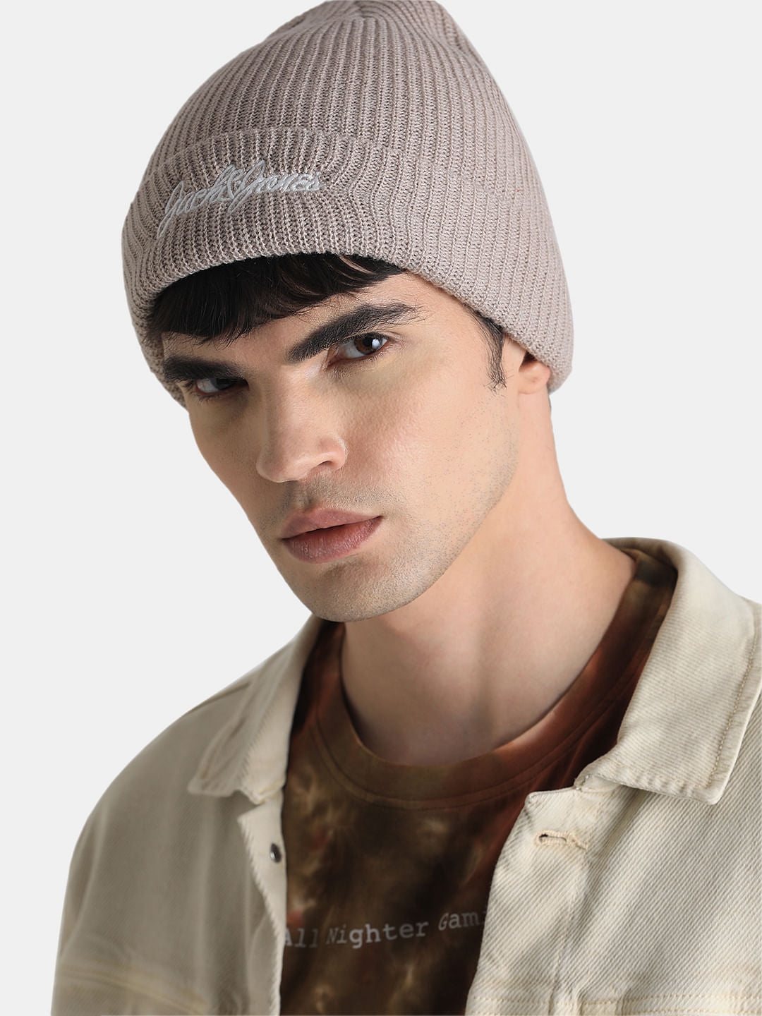 Beige Knitted Logo Print Beanie