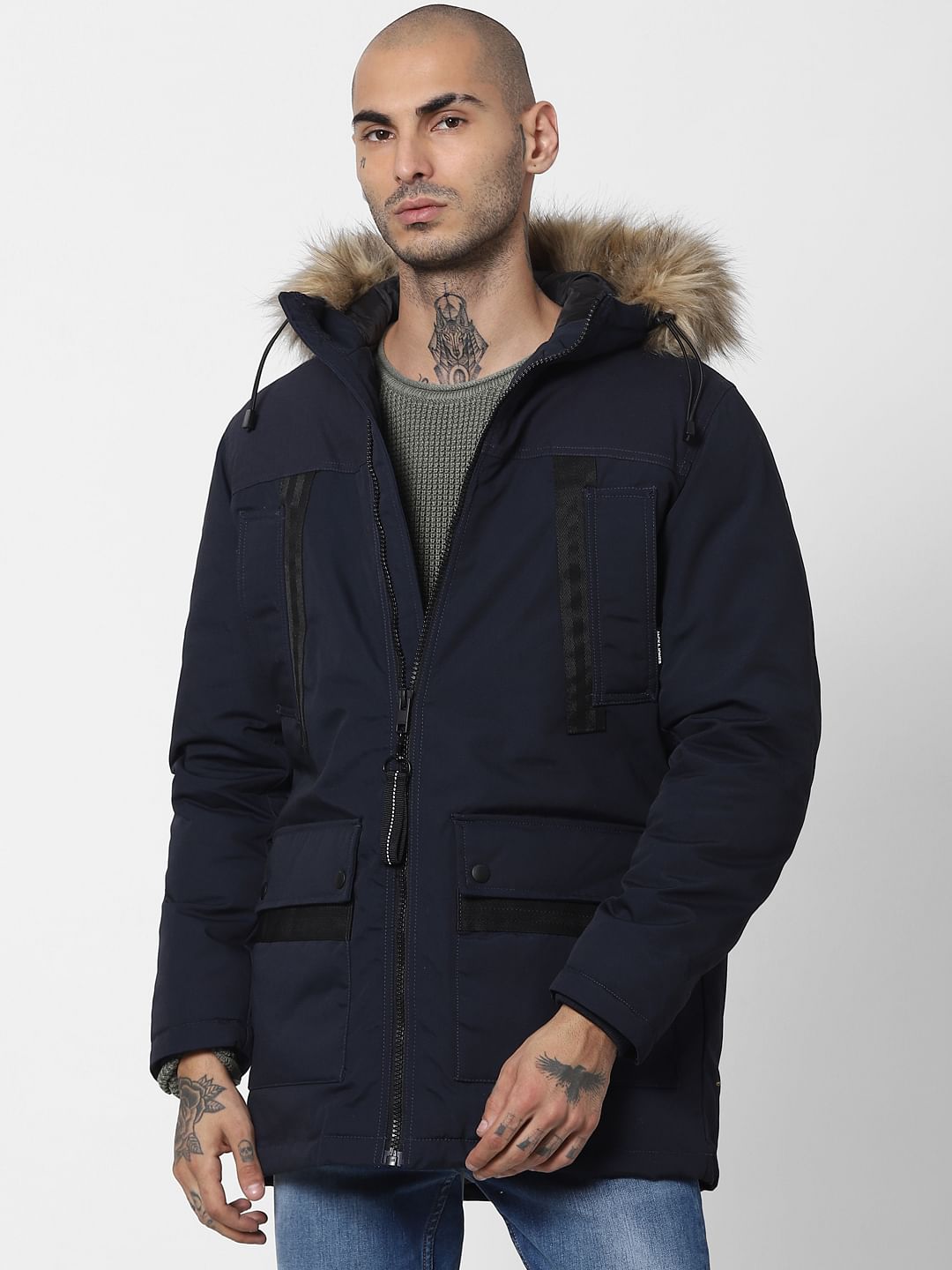 Navy Blue Hooded Parka Jacket