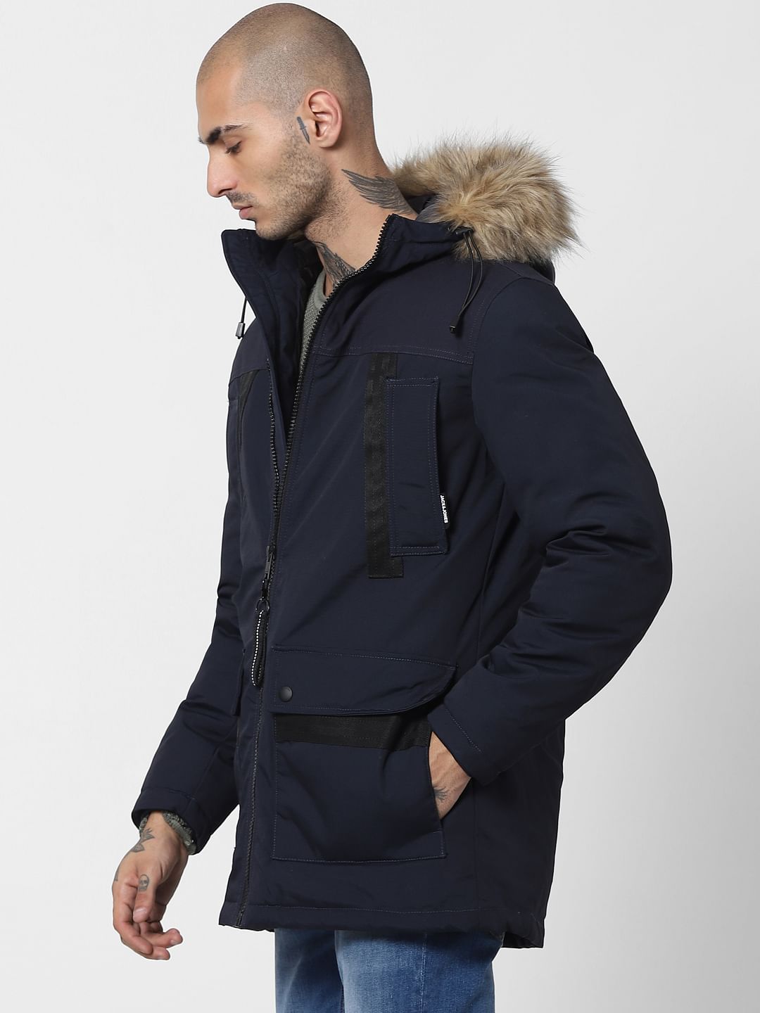 Navy Blue Hooded Parka Jacket