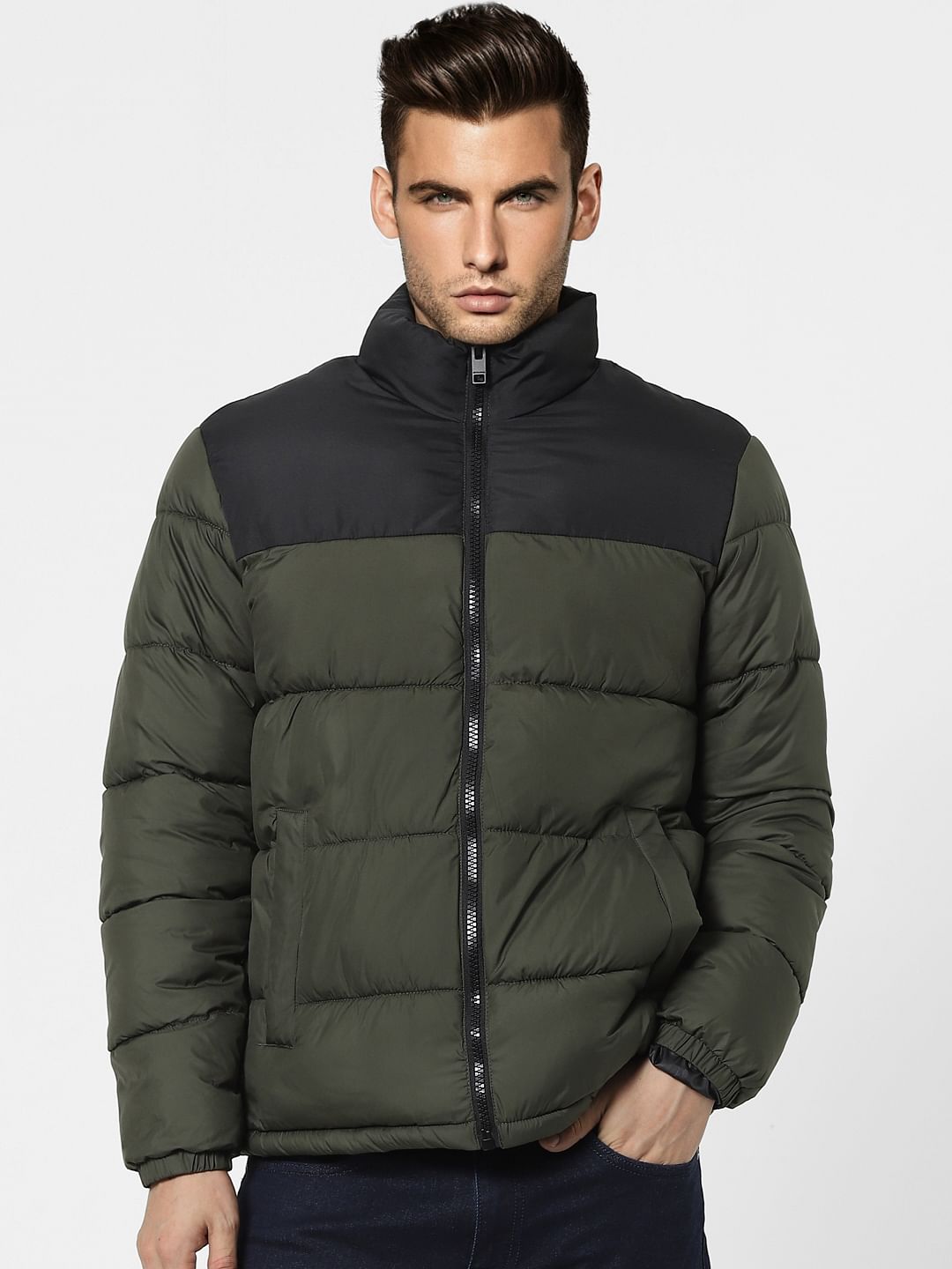 Green High Neck Puffer Winter Jacket