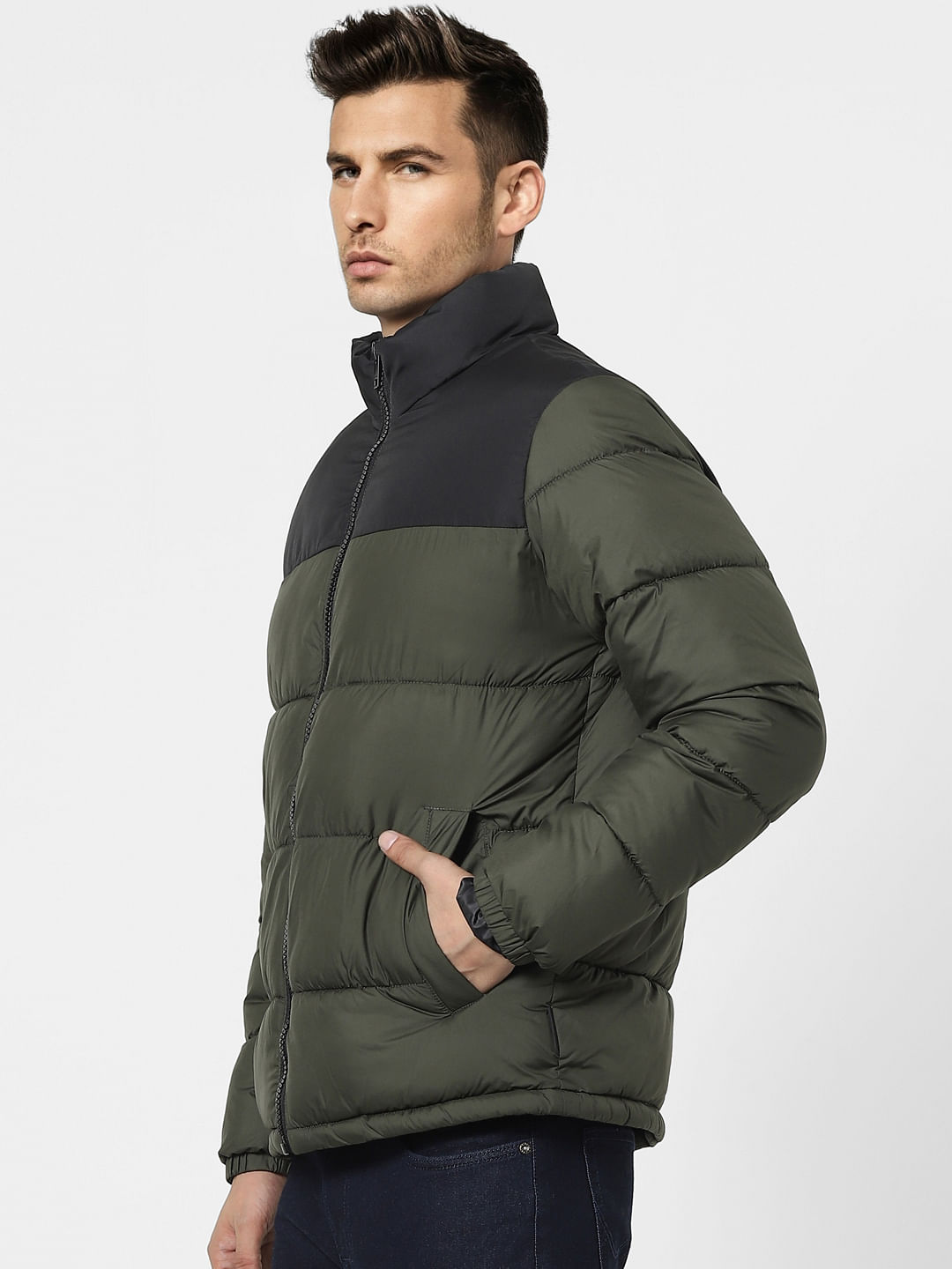 Green High Neck Puffer Winter Jacket
