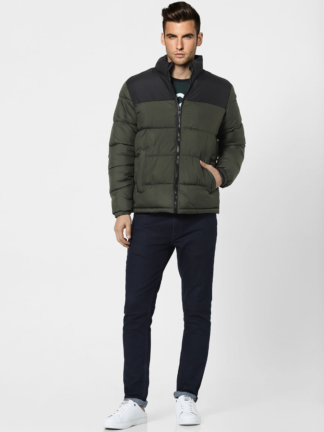 Green High Neck Puffer Winter Jacket