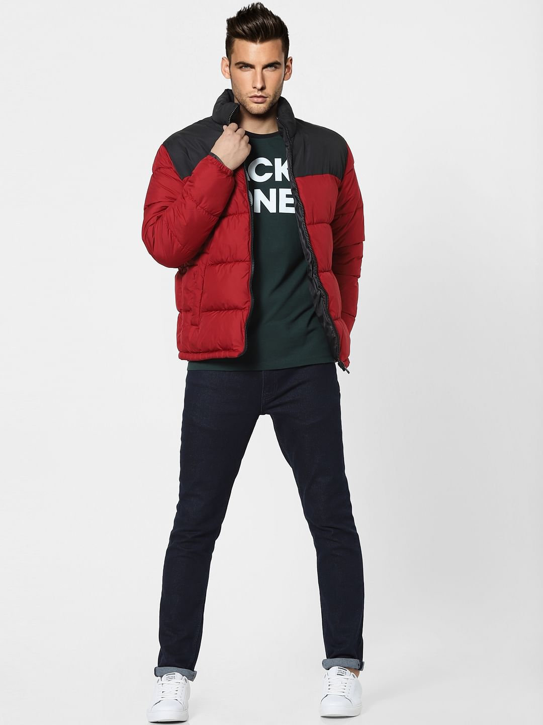 Red High Neck Puffer Winter Jacket