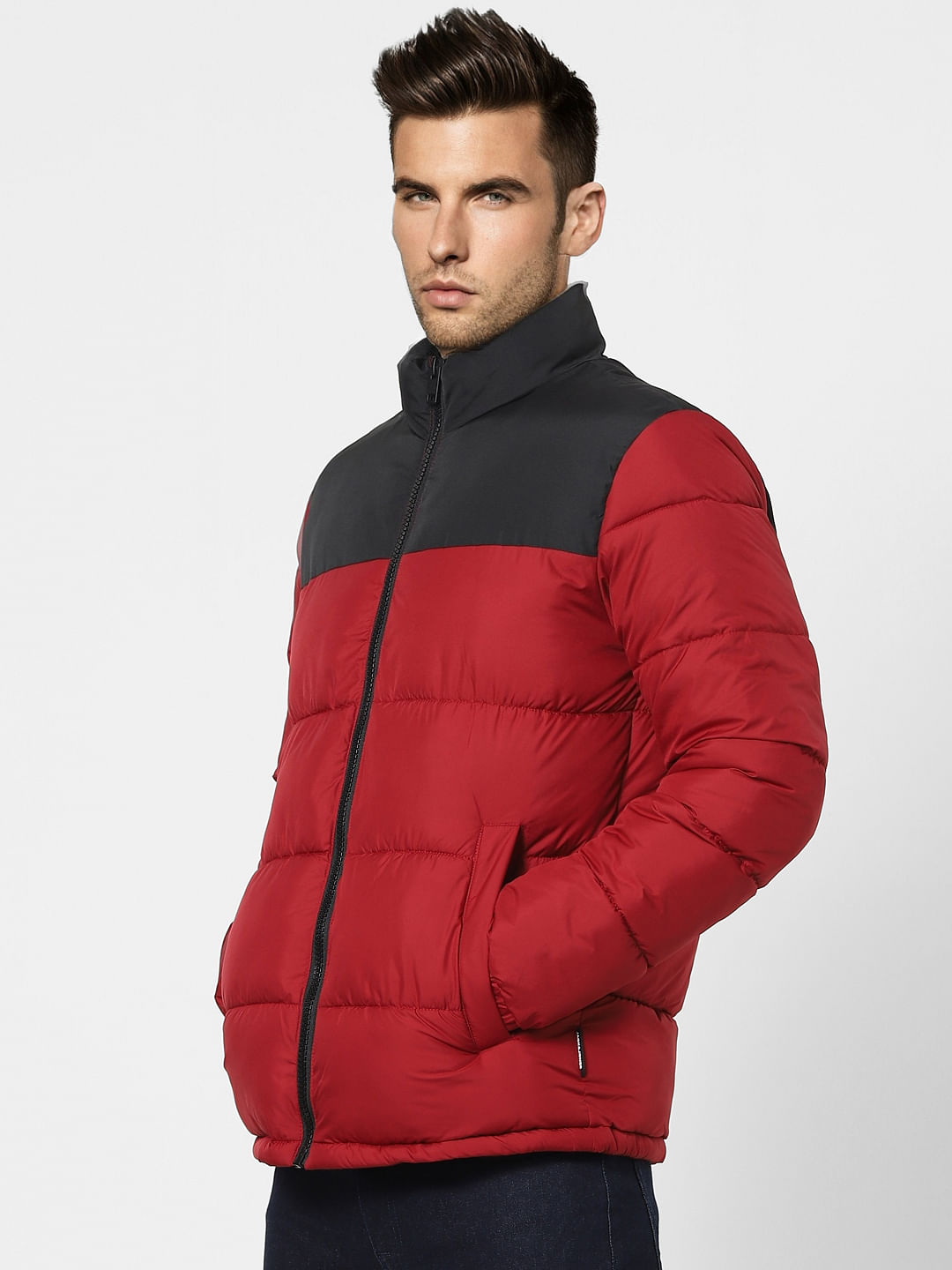 Red High Neck Puffer Winter Jacket