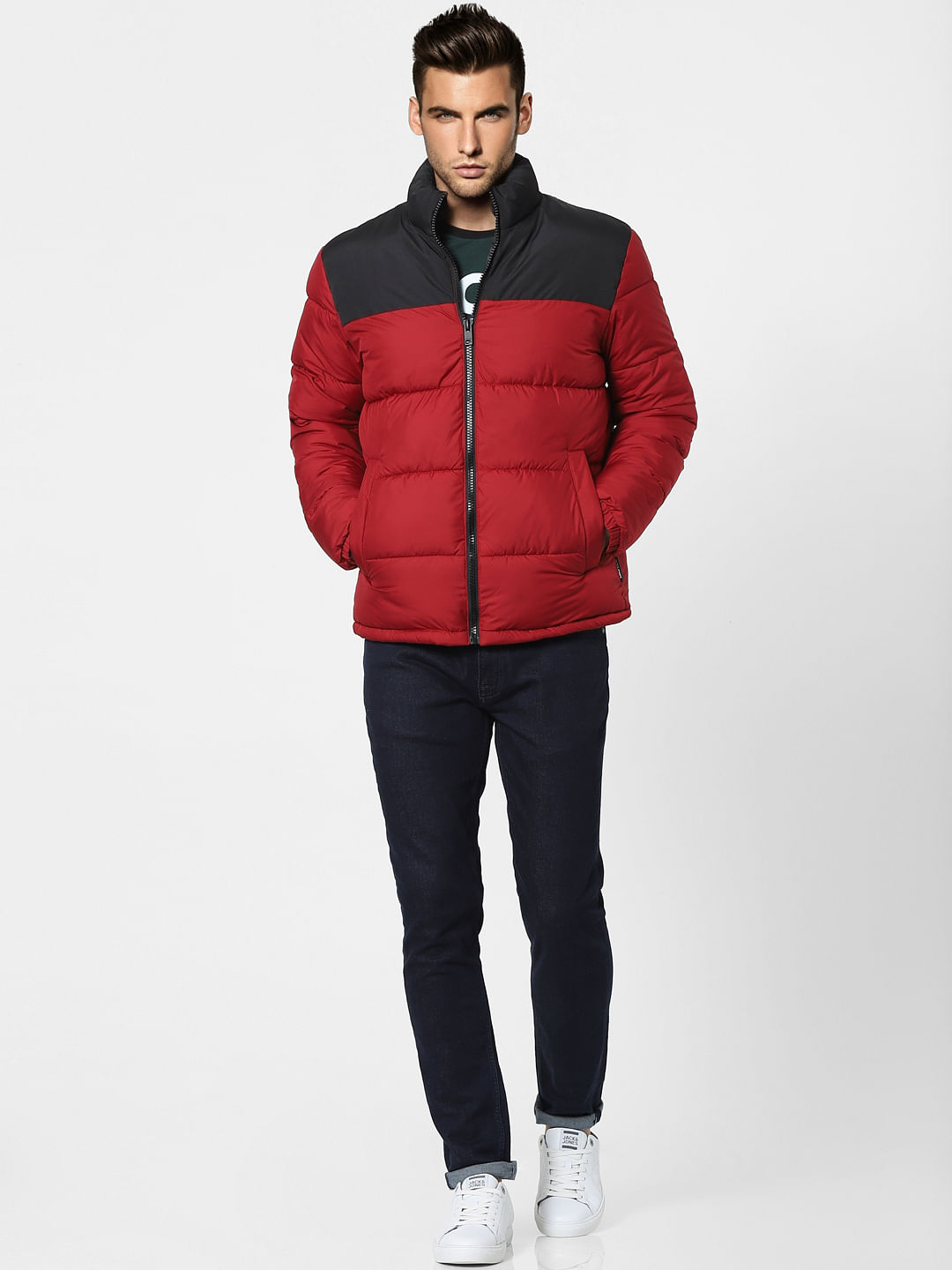 Red High Neck Puffer Winter Jacket