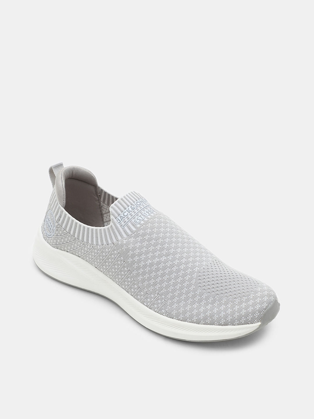 Grey Printed Knitted Slip On Sneakers