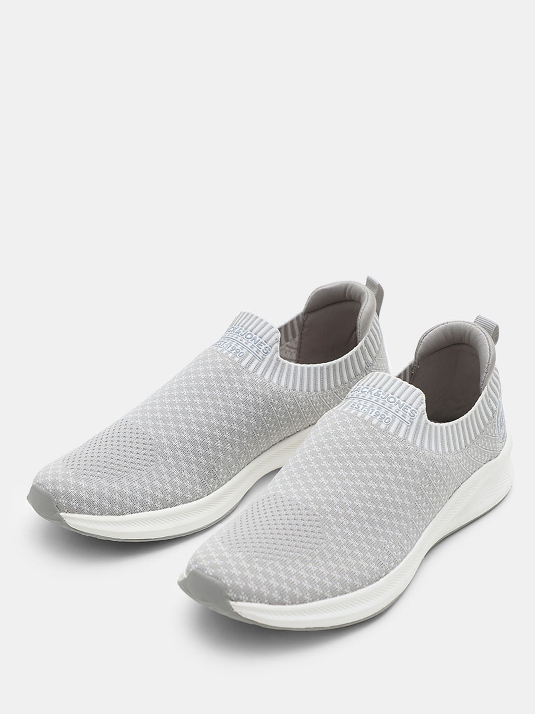 Grey Printed Knitted Slip On Sneakers