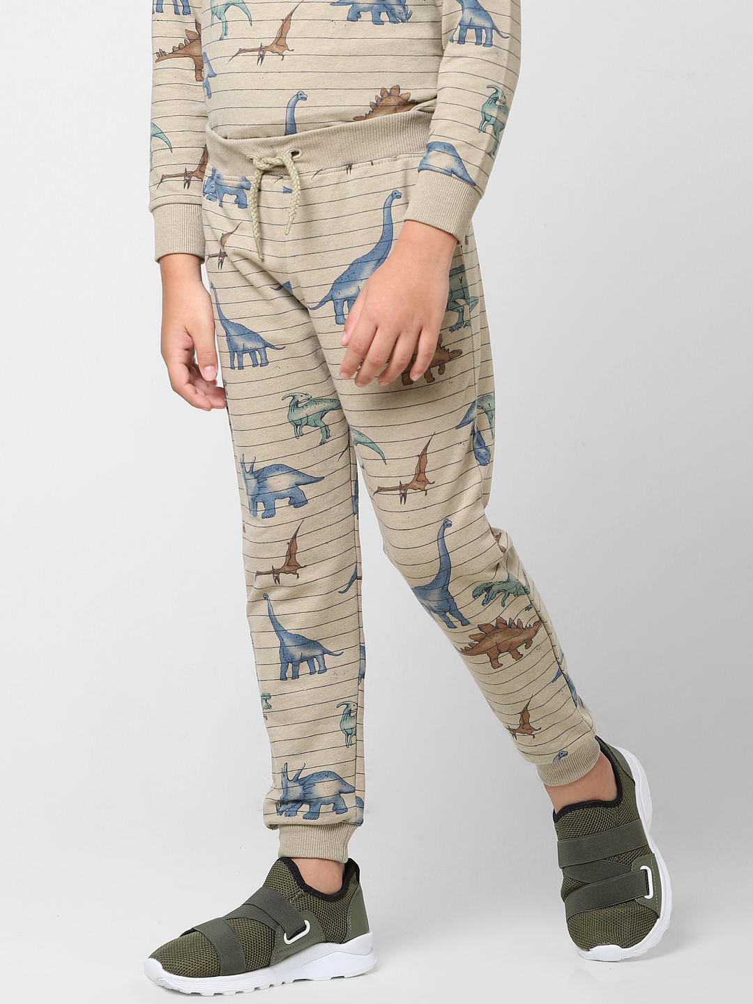 Boys Grey Striped Dinosaur Print Sweatpants